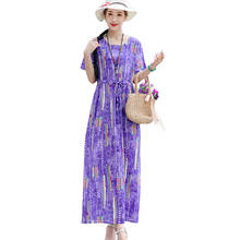 Uego Thin Soft Cotton Linen Holiday Beach Casual Dress Drawstring Print Floral Short Sleeve Loose Summer Dress Women Midi Dress 2024 - buy cheap