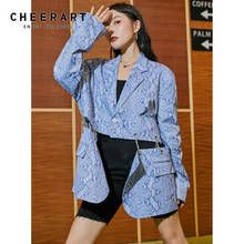 CHEERART Snake Print Blue Women Blazer Oversize Fall Jacket And Coats 2020 Fashion Tailor Coat Suit Single Button Streetwear 2024 - buy cheap