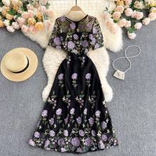 Vestido elegante de verano para mujer, vestido de malla negra con bordado de flores púrpuras, con cuello redondo y manga corta, 2021 2024 - compra barato