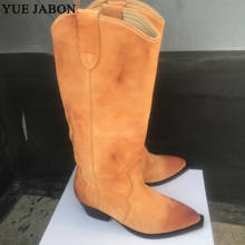 Bota feminina de couro de camurça, botas altas de inverno, sapato retrô de cowboy, plissado, botas longas com ponta para gatinhos, salto de cavaleiro 2024 - compre barato