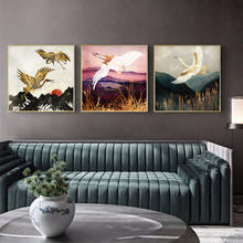 Chinese Ancient Style Animal Canvas Painting Golden Crane Landscape Abstract Decorative Poster On The Wall Aesthetic Room Decor 2024 - buy cheap