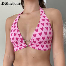 SUCHCUTE-ropa de fiesta para discoteca para mujer, Tops cortos con estampado de corazón, Tops Halter con espalda descubierta Sexy, trajes de los 90, Tops estéticos 2024 - compra barato