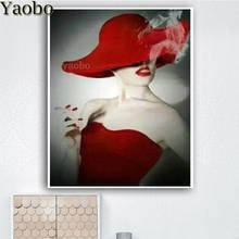 Женские Стразы 5D с красными губами, алмазная живопись, круглые квадратные стразы, алмазная вышивка, шляпа, вышивка крестиком для сигарет 2024 - купить недорого