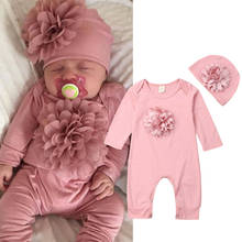 CANIS, осенняя одежда из 2 предметов для новорожденных девочек, комбинезон с длинными рукавами и объемным цветком, боди, шапка, комплект одежды 2024 - купить недорого