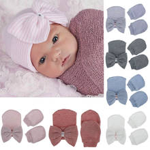 Шапки для новорожденных девочек и мальчиков, полосатые шерстяные головные уборы с бантиком, теплая шапка, шапка для новорожденных, вязаные перчатки, аксессуары для волос, Детские тюрбаны с узлом 2024 - купить недорого