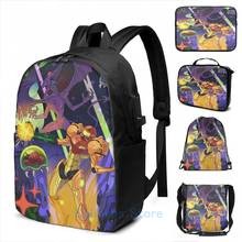 Mochila con estampado gráfico divertido para hombre y mujer, bolsa de viaje para ordenador portátil, con carga USB, SUPER METROID 2024 - compra barato