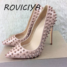 Nude 12cm high heeled shoes women brand fashion pointed toe rivet shoes women exquisite ladies party shoes MD008 ROVICIYA 2024 - buy cheap