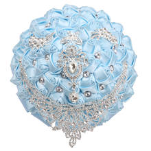 Ramo de diamantes de imitación para novia y dama de honor, rosa de satén azul para bebé, perlas de imitación, decoración para fiesta de boda, QL011 2024 - compra barato