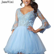 JaneVini Elegant Light Sky Blue Homecoming Dresses Puffy Sleeve V Neck Lace Appliques Beaded Open Back Evening Short Tulle Dress 2024 - buy cheap