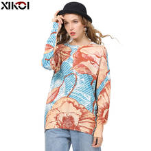 Xikoi suéter feminino estampado floral, pulôver de malha gola redonda suéter feminino de grandes dimensões 2024 - compre barato