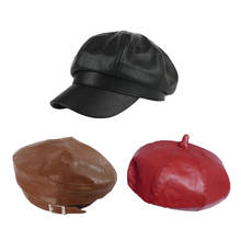 HanXi Fashion Women Beret Hat PU Leather Octagonal Hat Visor Winter Artist Caps 2024 - buy cheap