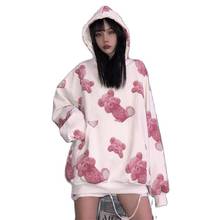 Cute Harajuku Bear Printed Hooded Hoodie Loose Long Sleeve Ulzzang Hoodie Streetwear Females Animal Print Hoodie Funny Tops Girl 2024 - buy cheap