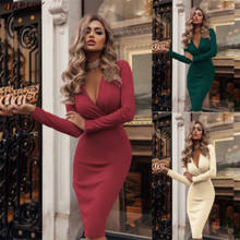 New Fashion Spring And Summer Deep V Neck Solid Color Pullover Sexy Long Sleeve Women High Waist Dress CA6884﻿ 2024 - buy cheap