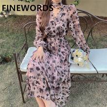 FINEWORDS Elegant Floral Printed Dress Long Sleeve 2021 Spring Dresses V Neck Korean Vintage Party Dress Casual Pink Ropa Mujer 2024 - buy cheap