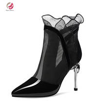 Intenção original estilosa couro preto vinho vermelho patente primavera outono botas tornozelo feminino bico fino metal stiletto salto alto 2024 - compre barato