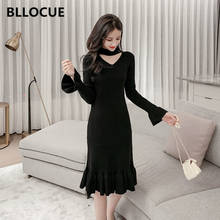 BLLOCUE 2019 New High Street Winter Warm Knitted Sweater Dress Elegant Women Flare Sleeve Slim Midi Mermaid Dress 2024 - buy cheap