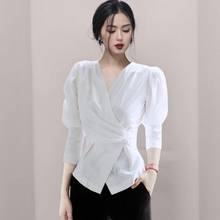 Blusa feminina branca e elegante, camisa com decote em v, manga bufante, para escritório, para moda primavera, 2021 2024 - compre barato