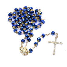 Collar de cuentas de cristal azul para mujer, colgante de cruz de Jesús para mujer, oración religiosa católica, regalos de joyería de bendición 2024 - compra barato