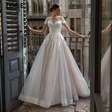 Lorie glitter tule vestidos de casamento elegante rendas apliques praia vestido de noiva com laço sheer illuison neck boho vestido de princesa 2024 - compre barato