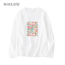 WAVLATII nova mulher 100% algodão t-shirts senhora casual manga longa topos feminino macio preto branco tees wlt2104 2024 - compre barato