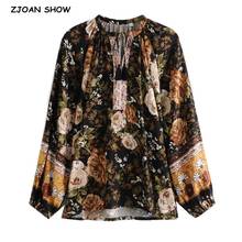 2021 Bohemia Location Flower Print Shirt Ethnic Women Tassel Bow Lace Up V neck Long Sleeve Pullover Blouse Tops 2024 - buy cheap