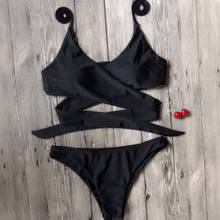 Solid Black Swimsuit Women Bikini 2021 Sexy Cross Bandage Bathing Suit High Waist Bikini Set Biquini Push Up Swimwear 2024 - buy cheap