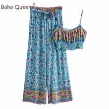 Boho Queens Women Two Piece Outfits Strap Sleeveless Tops Bohemian Sashes Drawstring Pants 2 Pieces Sets 2024 - buy cheap