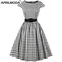 Vestido Retro Rockabilly con cuello redondo para mujer, vestido Vintage de lunares con cinturón, línea A, manga de casquillo, negro, blanco, estampado A cuadros, ropa Pin Up 2021 2024 - compra barato