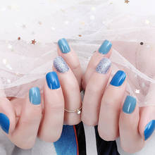 24 шт., короткие накладные ногти для девочек, летние, простые, голубого цвета, блестящие накладные ногти, накладные ногти, нажмите на полное покрытие, кончики для ногтей с клеем DL 2024 - купить недорого