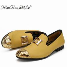 Men Leather Big Size Fashion men Casual Shoes Design Bright Face Buckle and Gold Metal Toe Men Driving Shoes Part Flats 2024 - buy cheap