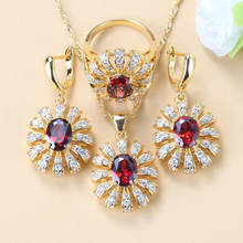 Dubai Bridal 6-Colors Women Wedding Big Jewelry Sets Gold Color Red Garnet Zircon Dangle Earrings/Necklace/Ring Three-Piece Suit 2024 - buy cheap