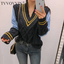 Tvvovvinpulôver estilo coreano, outono inverno feminino suéter em malha gola v casual listrado feminino novo fashion tops feminino f276. 2024 - compre barato
