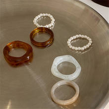 Conjunto de 3 unids/set de Kpop para mujer y niña, anillos de perlas naturales de resina de carey Beige, joyería estética de fiesta, moda Retro, novedad de 2021 2024 - compra barato