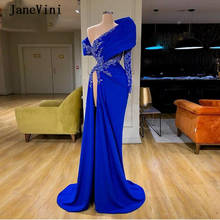 Janevini sexy azul real um ombro mangas compridas vestidos de noite com strass frisado alta divisão sereia cetim formal vestidos 2024 - compre barato