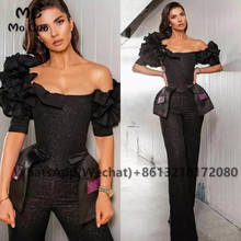 2021 Black Jumpsuit Prom Dresses Long Ruffles Pants Puffy Celebrity Dress Appliques Off the Shoulder Prom Dress for Women 2024 - buy cheap