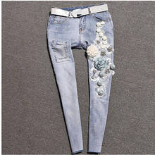 Lápis jeans feminino 3d flor do vintage jeans magros rasgado angustiado moda elástico estiramento azul tornozelo comprimento calças 2024 - compre barato