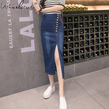 Летняя джинсовая юбка 2020 Женская имперский Высокая талия пуговицы джинсы с разрезом длинная юбка с эластичной юбка для женщин B02911B 2024 - купить недорого