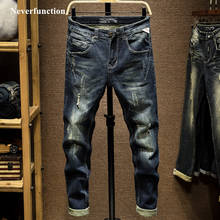 Мужские Винтажные Синие рваные байкерские облегающие джинсы в стиле хип-хоп, уличные брюки с потертыми дырками, повседневные джоггеры, джинсовые брюки 2024 - купить недорого
