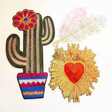 Tejido de plumas bordados Cactus corazón Gorra con parche adhesivos para ropa de hierro en apliques DIY talla ropa, costura Accesorios 2024 - compra barato
