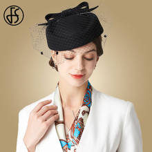Fs chapéu vintage, chapéu de lã francesa para mulheres, chapéu de feltro preto tipo fedora com laço grande para casamento 2024 - compre barato