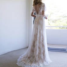 2020 Backless Lace Wedding Dresses Champagne A-line Short Sleeve Bridal Dresses Vestido de noiva Boho Lace Dress 2024 - buy cheap