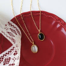 White opal natural black agate gloss oval retro necklace clavicle chain titanium steel plated with 18K gold to preserve color 2024 - buy cheap