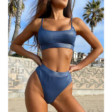 Bikini brilhante canelado feminino, roupa de banho de cintura alta com cor sólida para mulheres, traje de banho esportivo novo para o verão 2021 2024 - compre barato