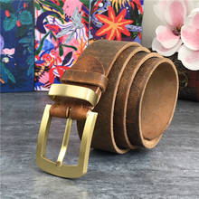 Vintage Brass Belt Buckle Genuine Leather Belt Male Ceinture Yellow Belt Cowboy Jeans Men' Belt Long 130cm Waist Belt MBT0006 2024 - buy cheap