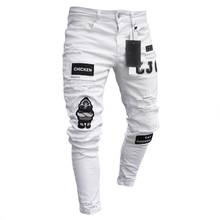 Men Stretchy Ripped Skinny Biker Embroidery Print Jeans Destroyed Hole Taped Slim Fit Denim Scratched High Quality Jean S-3XL 2024 - buy cheap