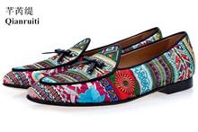 Qianruiti-zapatos informales de lona para hombre, mocasines con lazo Floral, bordados a mano, multicolor, tacón plano, cómodos 2024 - compra barato