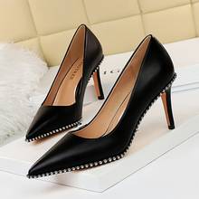 2022 New Summer Fashion Women 7.5cm Or 10.5cm Pencil High Heels Pumps Metal Black Pumps Studded Leather Pumps Ladies Party Shoes 2024 - buy cheap