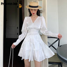 Moda feminina sólido preto branco vestido vestidos nova manga longa sexy sem costas decote em v profundo mini vestido de cintura alta vestido retro 2024 - compre barato