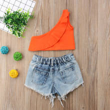 New Fashion Cute Summer Toddler 2PCS Sets Baby Girls Off Shoulder Ruffles Orange Cotton T-Shirts Tops Blue Denim Hole Shorts 2024 - buy cheap