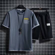 Chándal Harajuku para hombre, conjunto de ropa de calle a la moda, camisetas de cuello redondo, pantalones cortos negros, conjunto de 2 piezas 2024 - compra barato